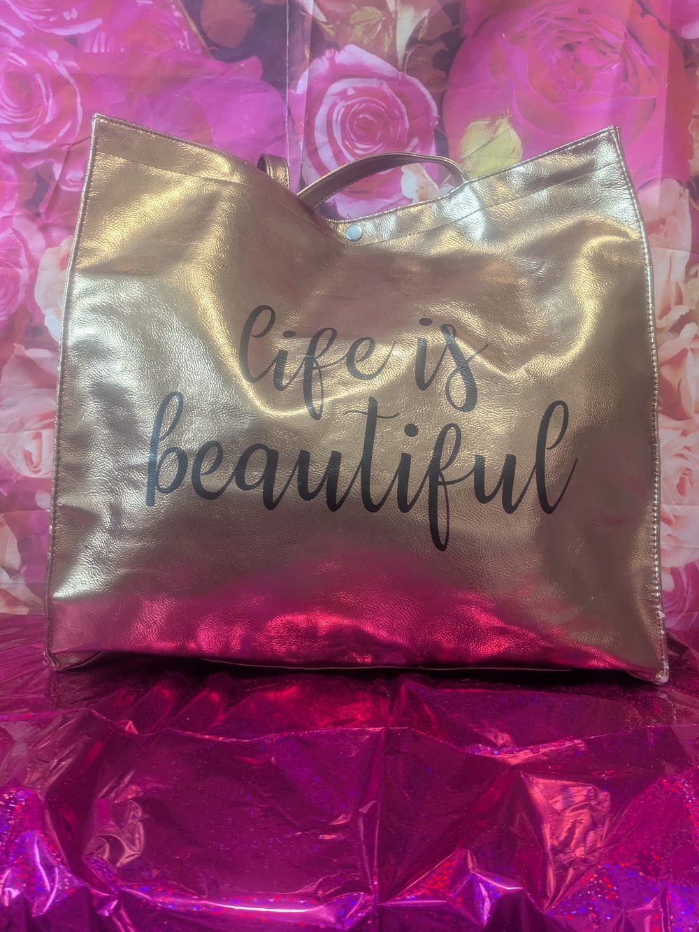 Metallic Rose Gold 'Life Is Beautiful' Tote Bag